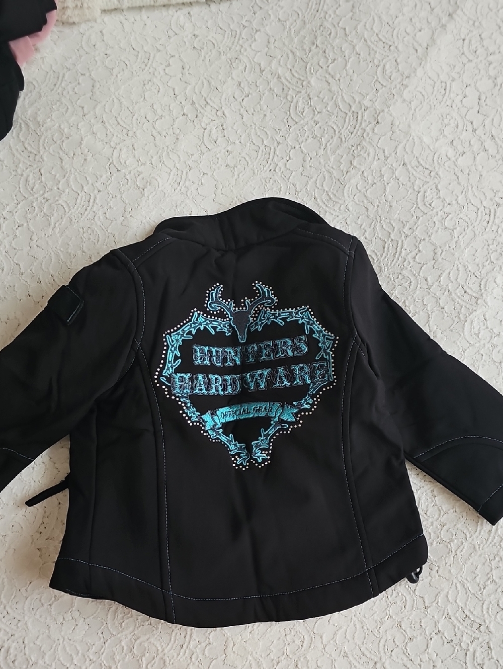 Black Jacket with Teal Embroidered 'Hunters Hardware' Back
